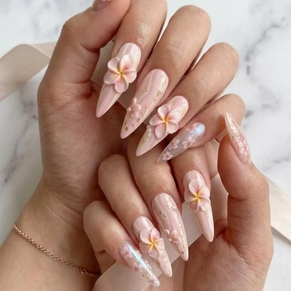 Marble tropical design, Plumeria sakura nails, press on nails, custom press on nails, fake nails, Nails Art, stained glass nails, gold press on nails, 3d press on nails, luxury press on nails, handmade press on nails
