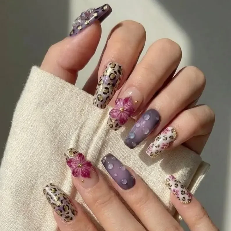 purple leopard nails, 3D rhinestone nails, press on nails, custom press on nails, fake nails, Nails Art, stained glass nails, gold press on nails, 3d press on nails, luxury press on nails, handmade press on nails