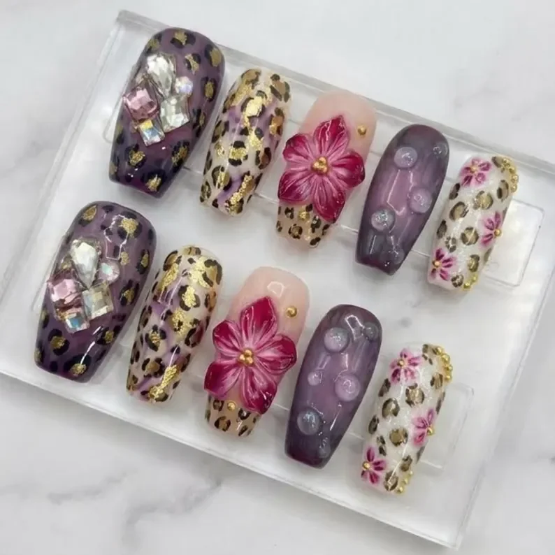 3D purple floral, leopard press on, press on nails, custom press on nails, fake nails, Nails Art, stained glass nails, gold press on nails, 3d press on nails, luxury press on nails, handmade press on nails