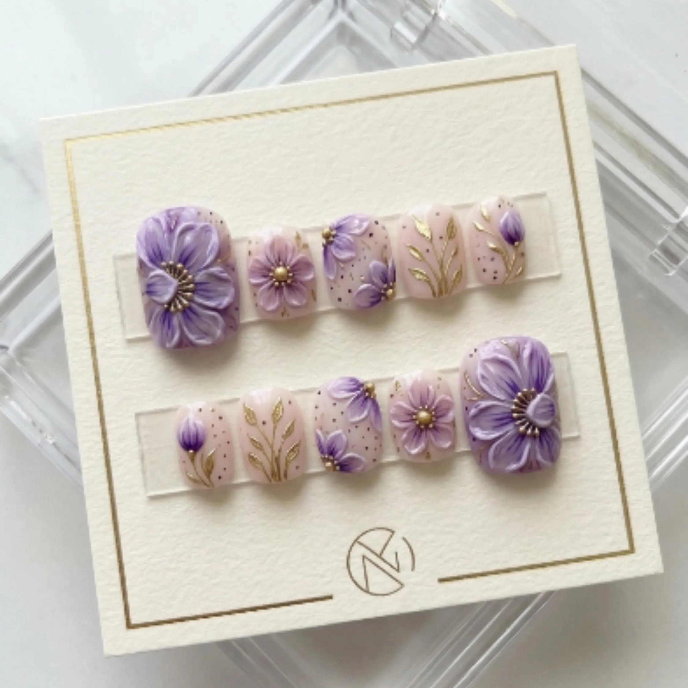 Hand Sculpted, Lavender Gold Leaf, press on nails, custom press on nails, fake nails, Nails Art, stained glass nails, gold press on nails, 3d press on nails, luxury press on nails, handmade press on nails
