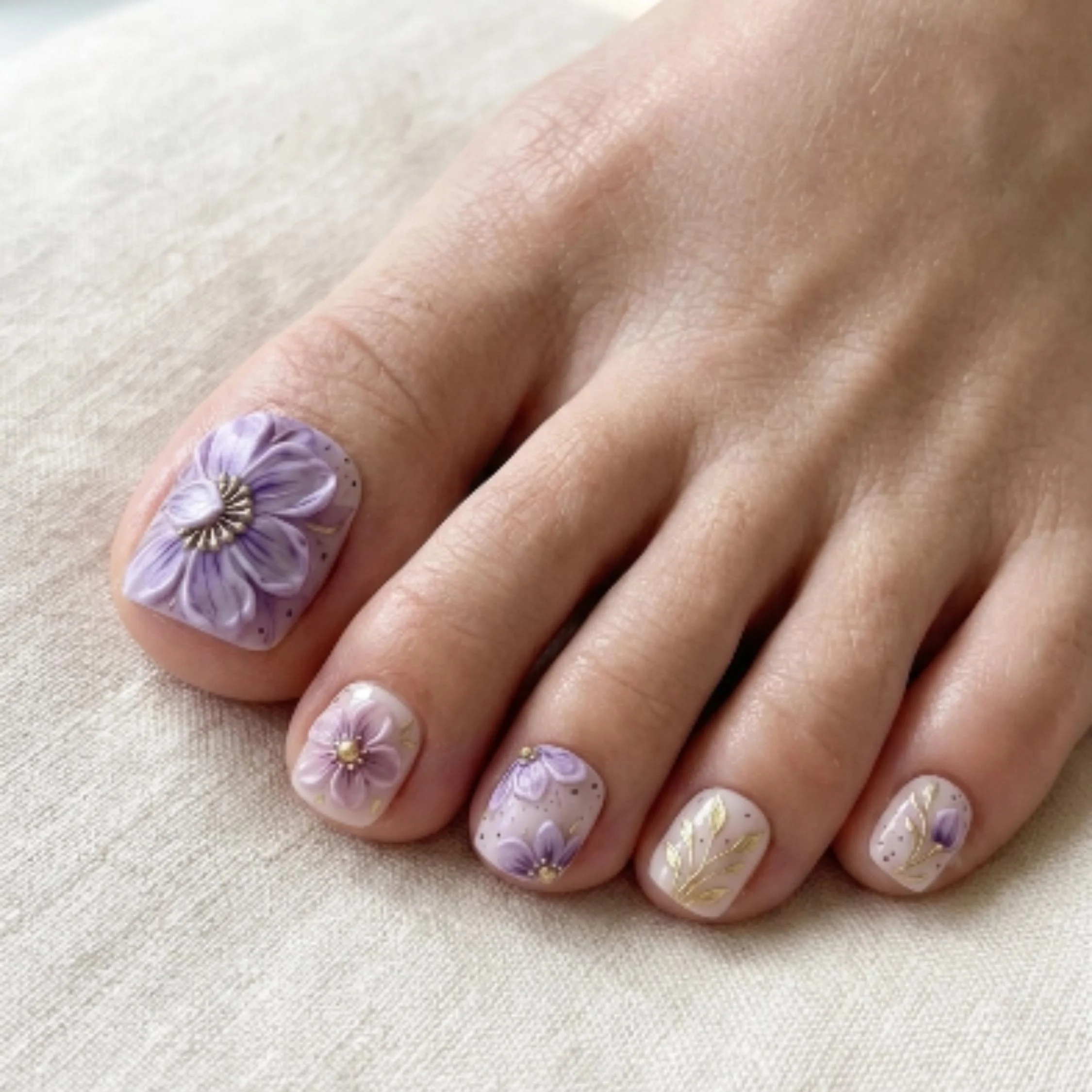 Botanical Pedicure, Gold Leaf Design, press on nails, custom press on nails, fake nails, Nails Art, stained glass nails, gold press on nails, 3d press on nails, luxury press on nails, handmade press on nails