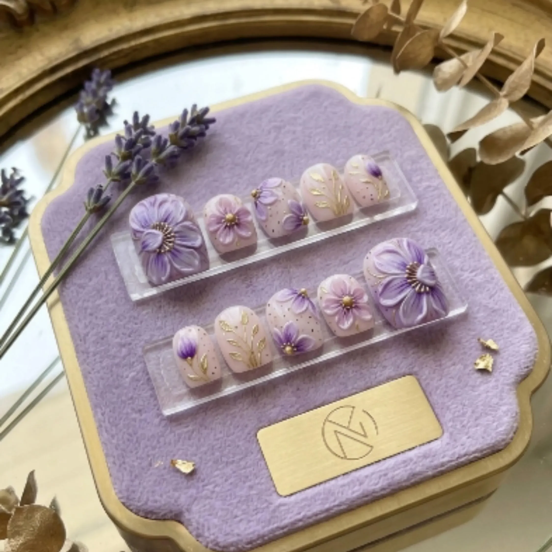 3D Purple Floral, Press On Toes, press on nails, custom press on nails, fake nails, Nails Art, stained glass nails, gold press on nails, 3d press on nails, luxury press on nails, handmade press on nails