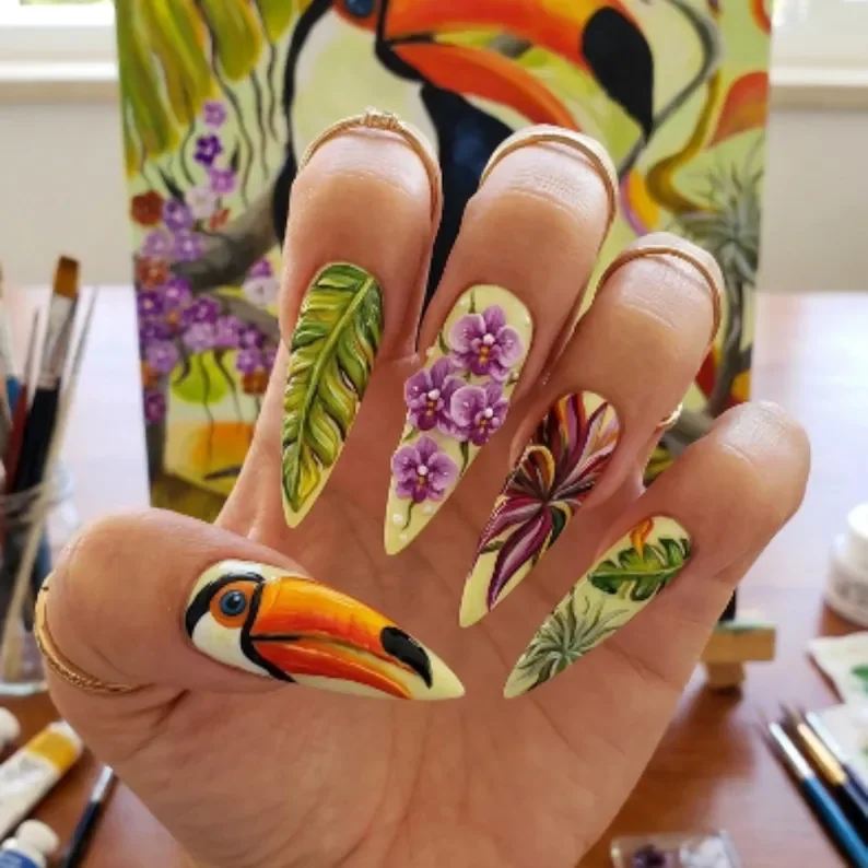 3D Purple Orchid, Toucan Press On, press on nails, custom press on nails, fake nails, Nails Art, stained glass nails, gold press on nails, 3d press on nails, luxury press on nails, handmade press on nails
