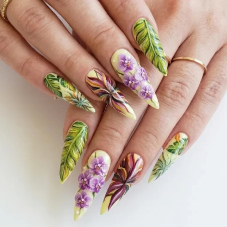 Exotic Jungle, Leaf Summer, press on nails, custom press on nails, fake nails, Nails Art, stained glass nails, gold press on nails, 3d press on nails, luxury press on nails, handmade press on nails