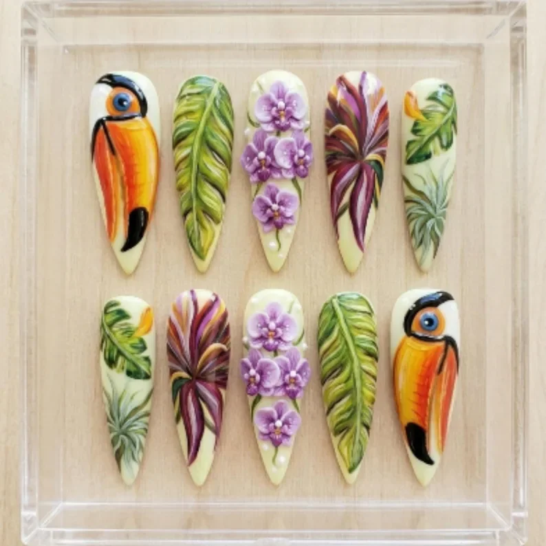 Summer Art Nails, Orchid Nail Design, press on nails, custom press on nails, fake nails, Nails Art, stained glass nails, gold press on nails, 3d press on nails, luxury press on nails, handmade press on nails
