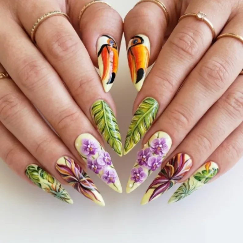 Purple Orchid Nails, Toucan Nail Art, press on nails, custom press on nails, fake nails, Nails Art, stained glass nails, gold press on nails, 3d press on nails, luxury press on nails, handmade press on nails