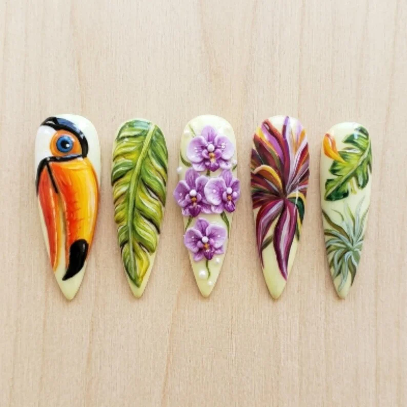 3D Purple Orchid, Toucan Press On, press on nails, custom press on nails, fake nails, Nails Art, stained glass nails, gold press on nails, 3d press on nails, luxury press on nails, handmade press on nails