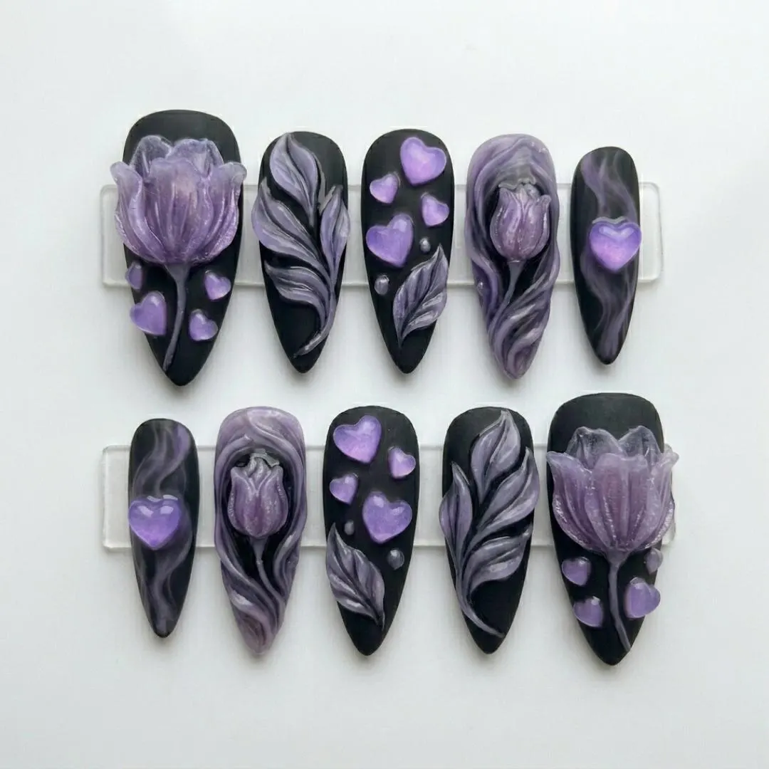 3D Purple Tulip, Press On Nails, press on nails, custom press on nails, fake nails, Nails Art, stained glass nails, gold press on nails, 3d press on nails, luxury press on nails, handmade press on nails