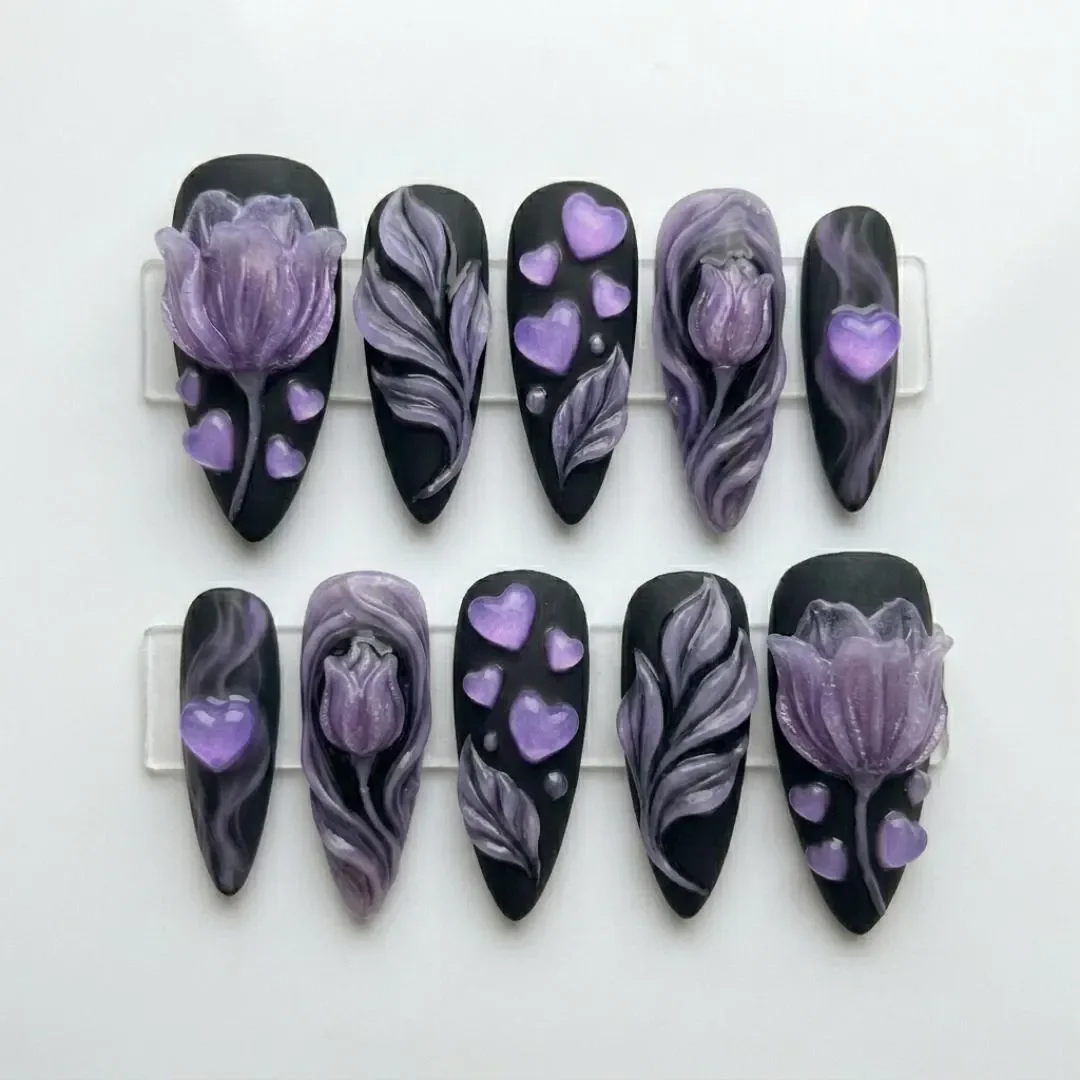 3D Purple Tulip, Press On Nails, press on nails, custom press on nails, fake nails, Nails Art, stained glass nails, gold press on nails, 3d press on nails, luxury press on nails, handmade press on nails