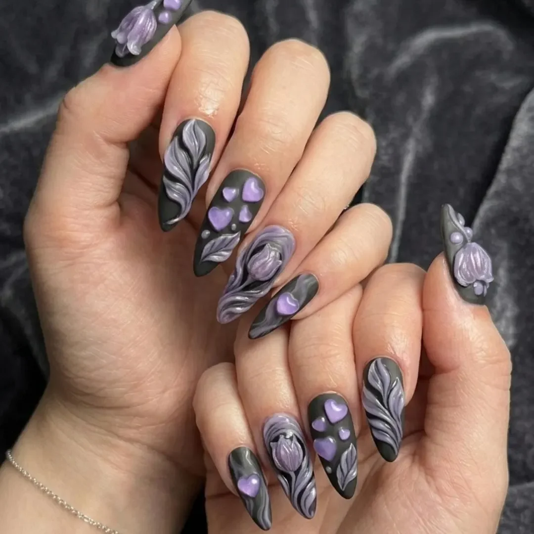 Purple Tulip Nails, Matte Gothic Nails, press on nails, custom press on nails, fake nails, Nails Art, stained glass nails, gold press on nails, 3d press on nails, luxury press on nails, handmade press on nails