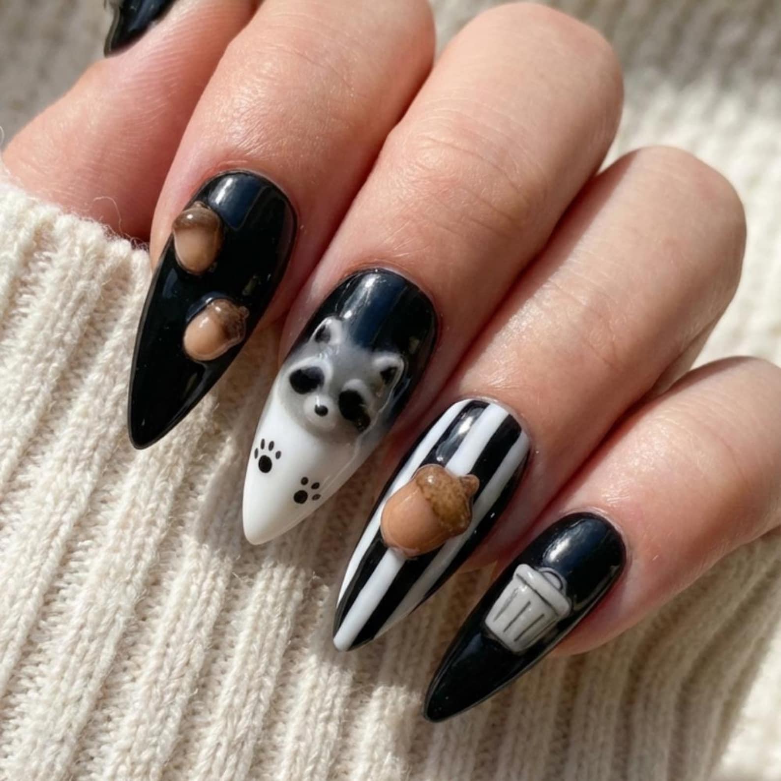 Kawaii Raccoon, Trash Panda Art, press on nails, custom press on nails, fake nails, Nails Art, stained glass nails, gold press on nails, 3d press on nails, luxury press on nails, handmade press on nails
