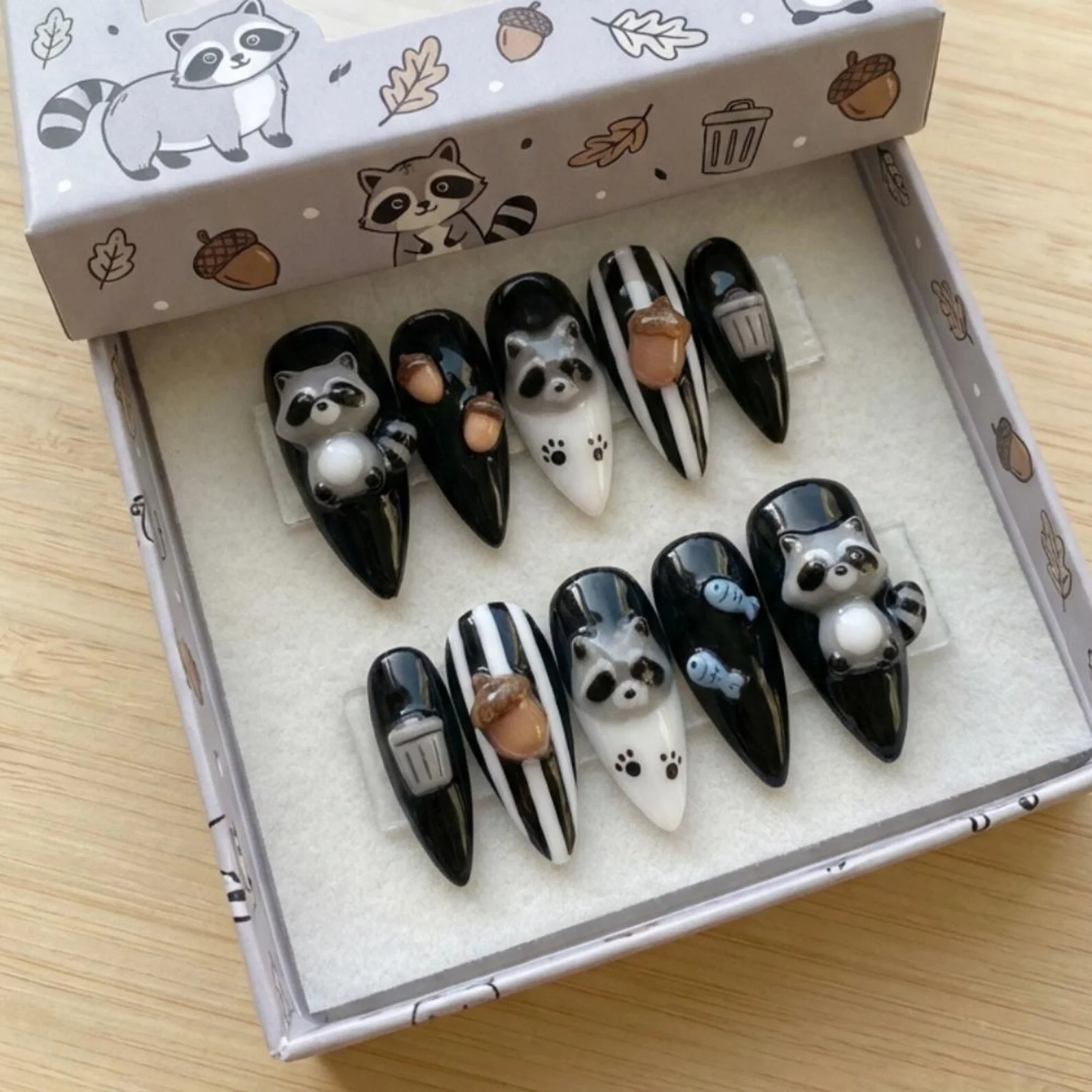 Kawaii Raccoon, Trash Panda Art, press on nails, custom press on nails, fake nails, Nails Art, stained glass nails, gold press on nails, 3d press on nails, luxury press on nails, handmade press on nails
