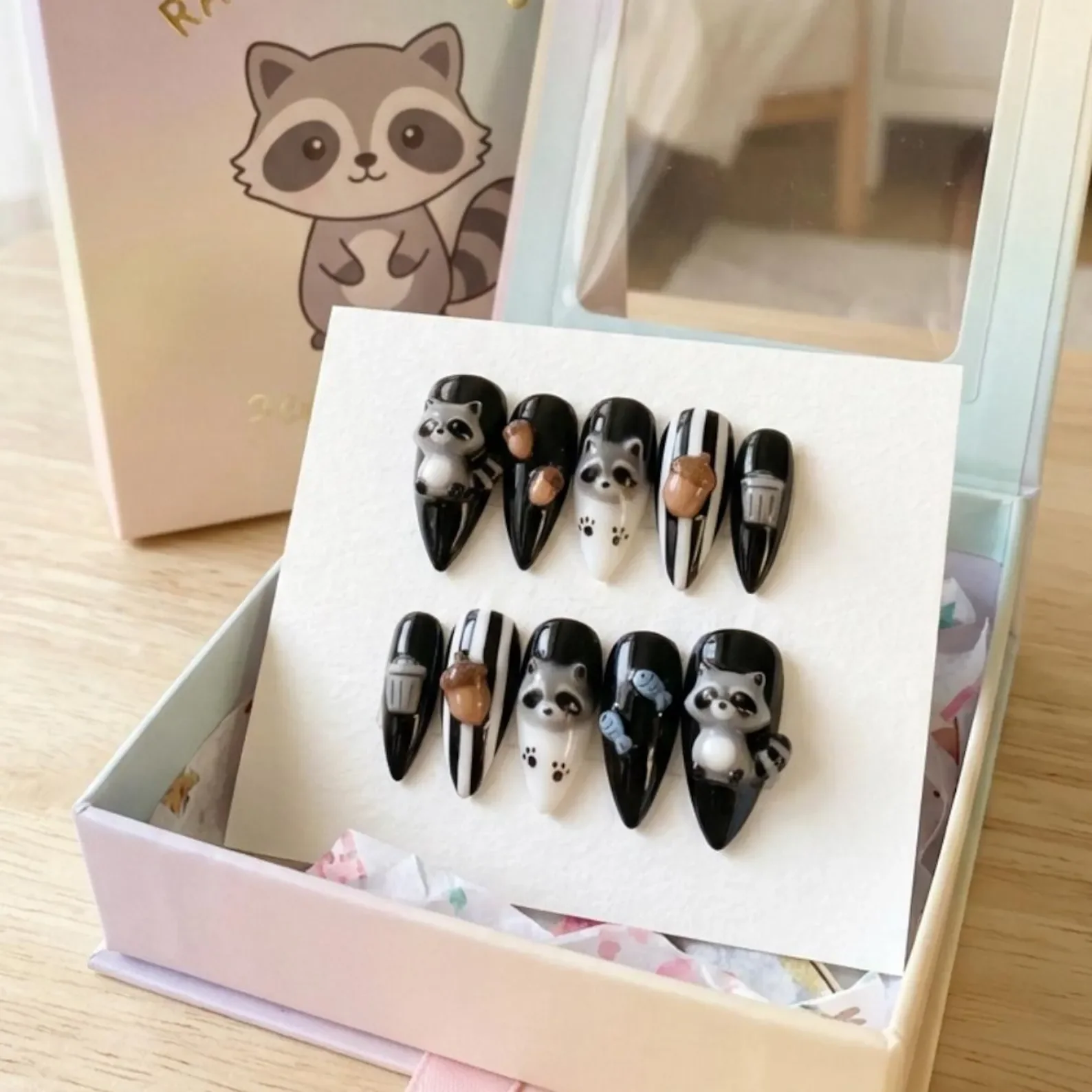 3D Raccoon Nails, Press On Nails, press on nails, custom press on nails, fake nails, Nails Art, stained glass nails, gold press on nails, 3d press on nails, luxury press on nails, handmade press on nails