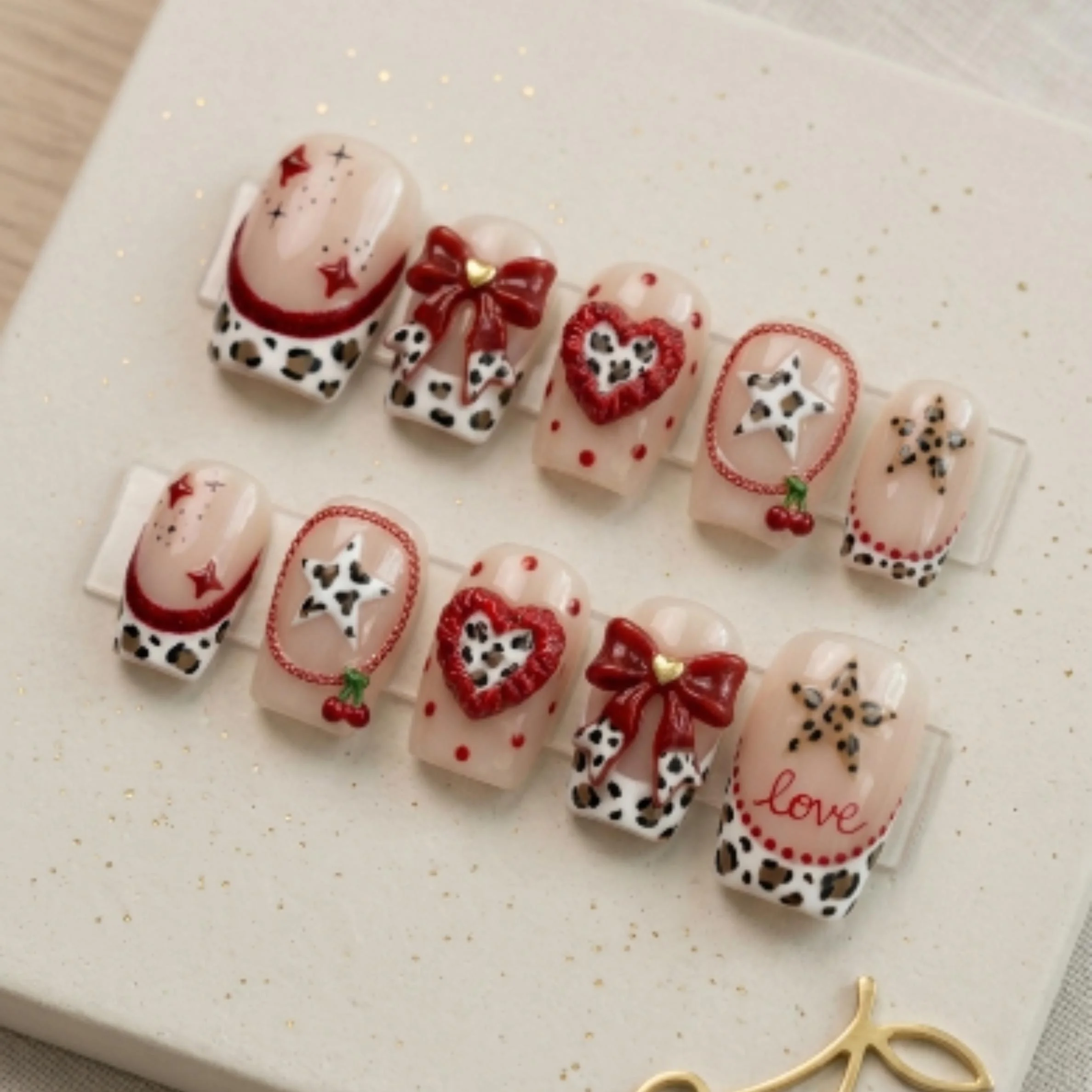cow print toes, 3D red bow, press on nails, custom press on nails, fake nails, Nails Art, stained glass nails, gold press on nails, 3d press on nails, luxury press on nails, handmade press on nails
