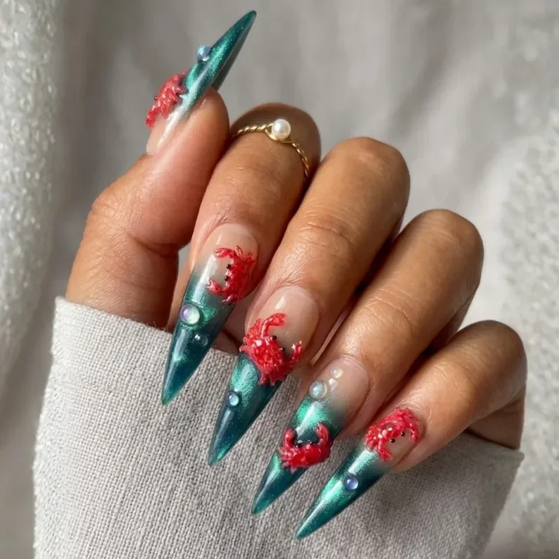 3D Red Crab, Press On Nails, press on nails, custom press on nails, fake nails, Nails Art, stained glass nails, gold press on nails, 3d press on nails, luxury press on nails, handmade press on nails
