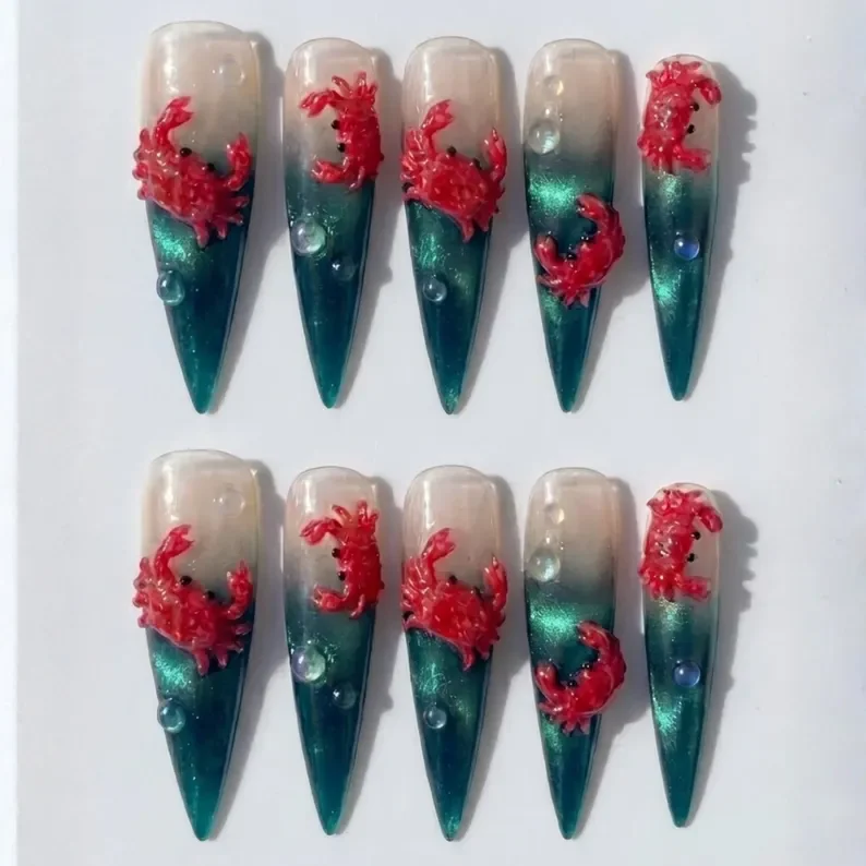 Teal Ombre, Velvet Mermaidcore, press on nails, custom press on nails, fake nails, Nails Art, stained glass nails, gold press on nails, 3d press on nails, luxury press on nails, handmade press on nails