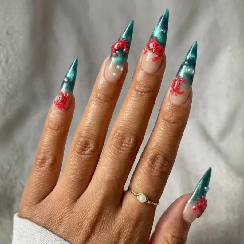 3D Nail Decor, Teal Velvet Nails, press on nails, custom press on nails, fake nails, Nails Art, stained glass nails, gold press on nails, 3d press on nails, luxury press on nails, handmade press on nails