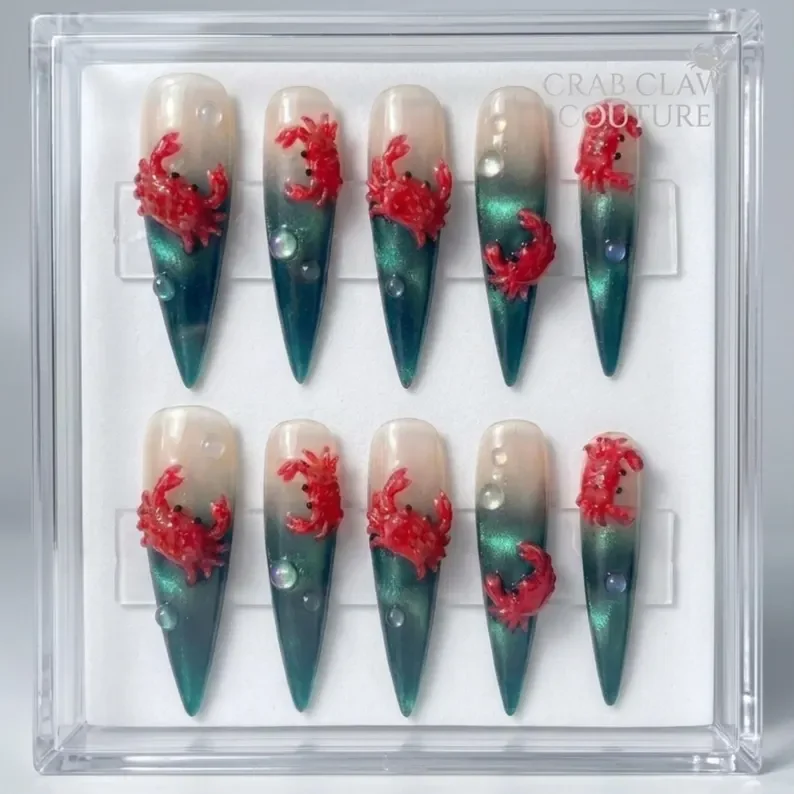 3D Red Crab, Press On Nails, press on nails, custom press on nails, fake nails, Nails Art, stained glass nails, gold press on nails, 3d press on nails, luxury press on nails, handmade press on nails
