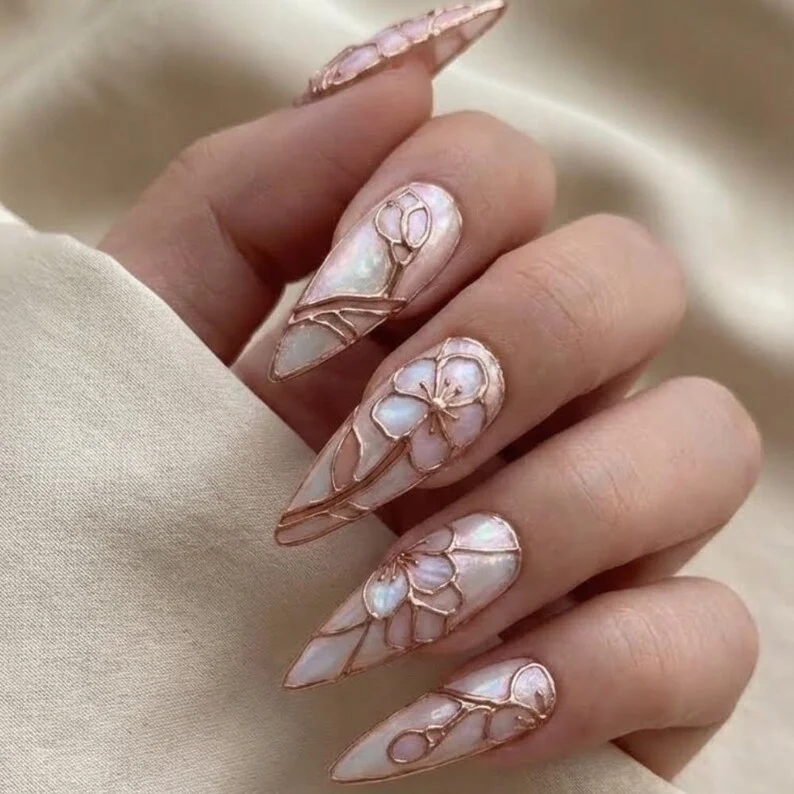 floral bridal nails, bridal nail design, press on nails, custom press on nails, fake nails, Nails Art, stained glass nails, gold press on nails, 3d press on nails, luxury press on nails, handmade press on nails