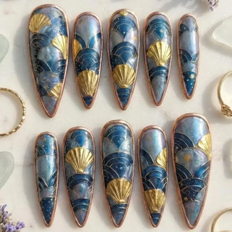 3D Rose Gold, Teal Mermaid, press on nails, custom press on nails, fake nails, Nails Art, stained glass nails, gold press on nails, 3d press on nails, luxury press on nails, handmade press on nails