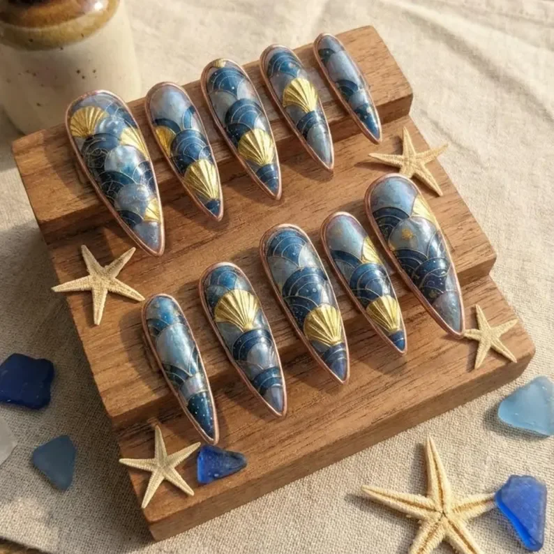 Mermaid Nails, Oceanic Theme, press on nails, custom press on nails, fake nails, Nails Art, stained glass nails, gold press on nails, 3d press on nails, luxury press on nails, handmade press on nails
