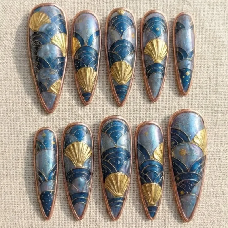 3D Rose Gold, Teal Mermaid, press on nails, custom press on nails, fake nails, Nails Art, stained glass nails, gold press on nails, 3d press on nails, luxury press on nails, handmade press on nails