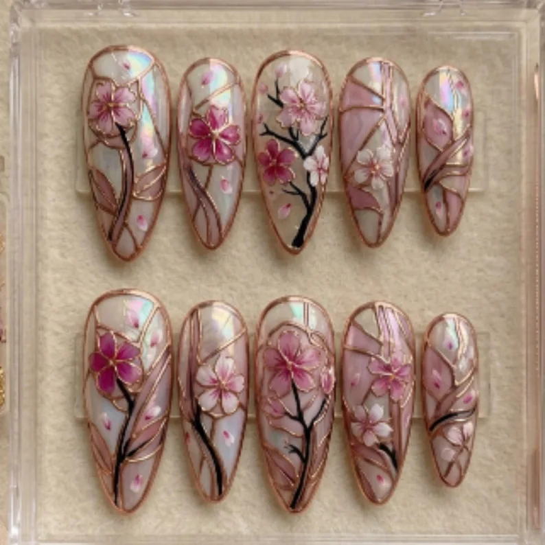 press on nails, iridescent pink, custom press on nails, fake nails, Nails Art, stained glass nails, gold press on nails, 3d press on nails, luxury press on nails, handmade press on nails