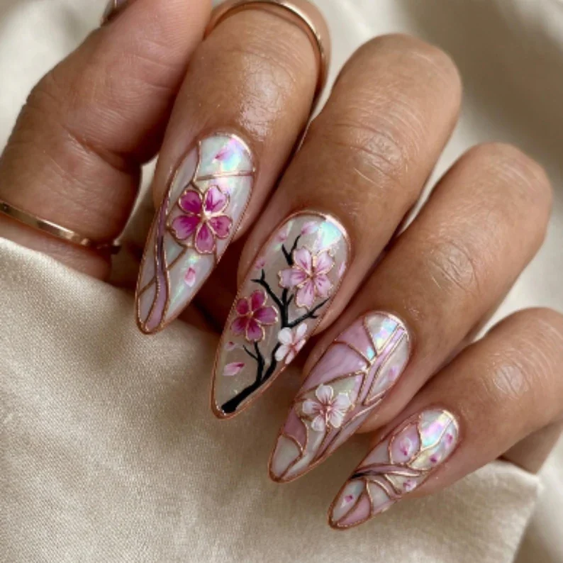cherry blossom nail art, pink nail art, press on nails, custom press on nails, fake nails, Nails Art, stained glass nails, gold press on nails, 3d press on nails, luxury press on nails, handmade press on nails