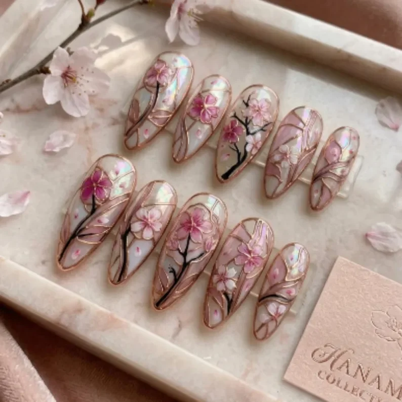 3D Sakura cathedral, stained glass nails, press on nails, custom press on nails, fake nails, Nails Art, gold press on nails, 3d press on nails, luxury press on nails, handmade press on nails