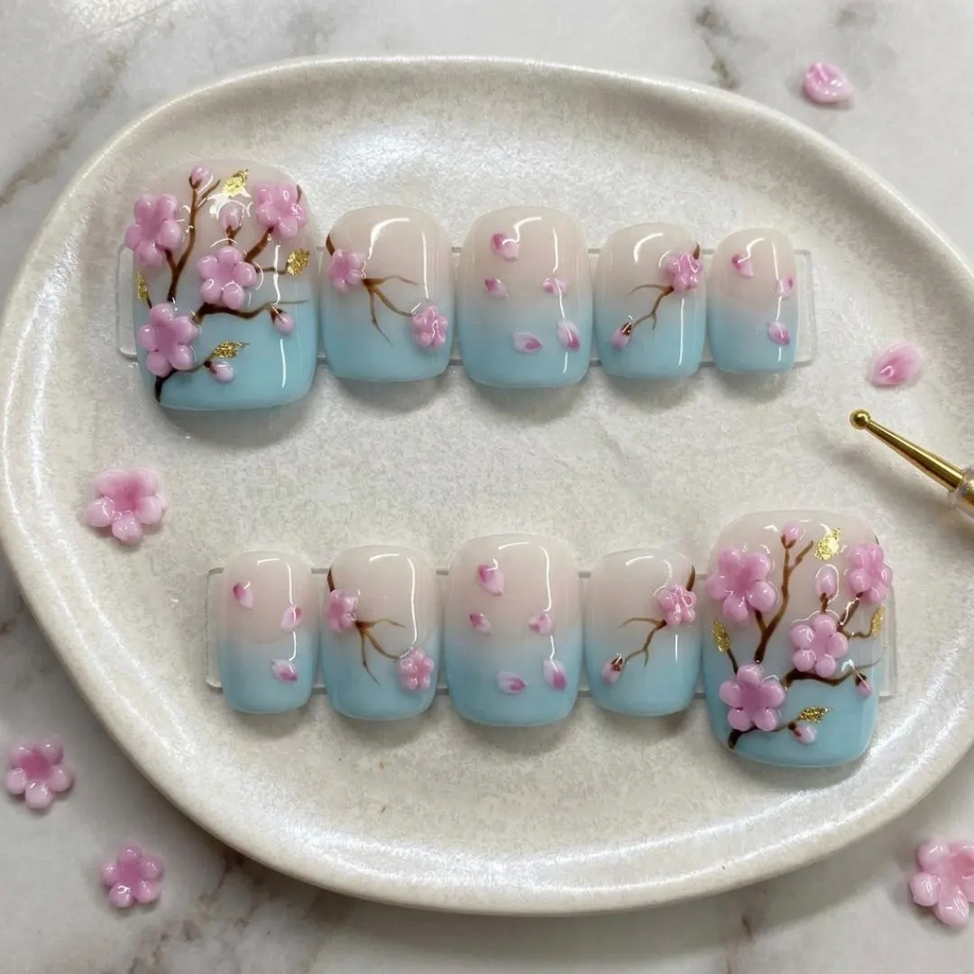 3D Sakura press, Cherry blossom toes, press on nails, custom press on nails, fake nails, Nails Art, stained glass nails, gold press on nails, 3d press on nails, luxury press on nails, handmade press on nails