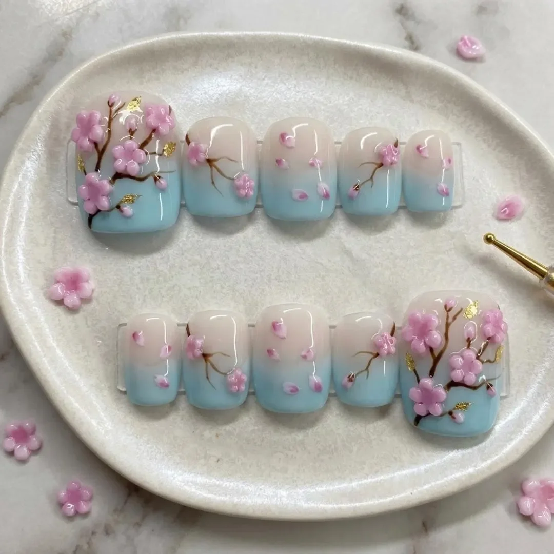 3D Sakura press, Cherry blossom toes, press on nails, custom press on nails, fake nails, Nails Art, stained glass nails, gold press on nails, 3d press on nails, luxury press on nails, handmade press on nails