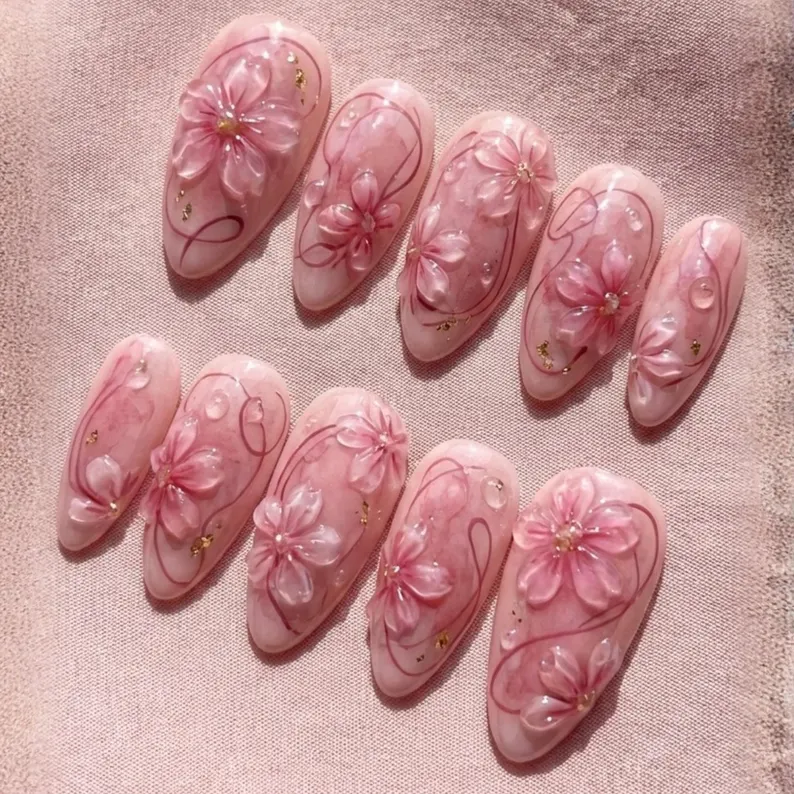 Pink Jelly Marble, Cherry Blossom Nail Art, press on nails, custom press on nails, fake nails, Nails Art, stained glass nails, gold press on nails, 3d press on nails, luxury press on nails, handmade press on nails