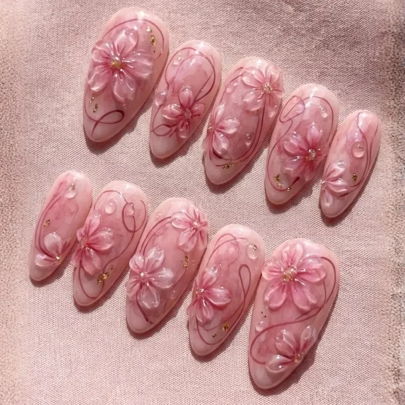 3D Sakura Glass, Press On Nails, press on nails, custom press on nails, fake nails, Nails Art, stained glass nails, gold press on nails, 3d press on nails, luxury press on nails, handmade press on nails