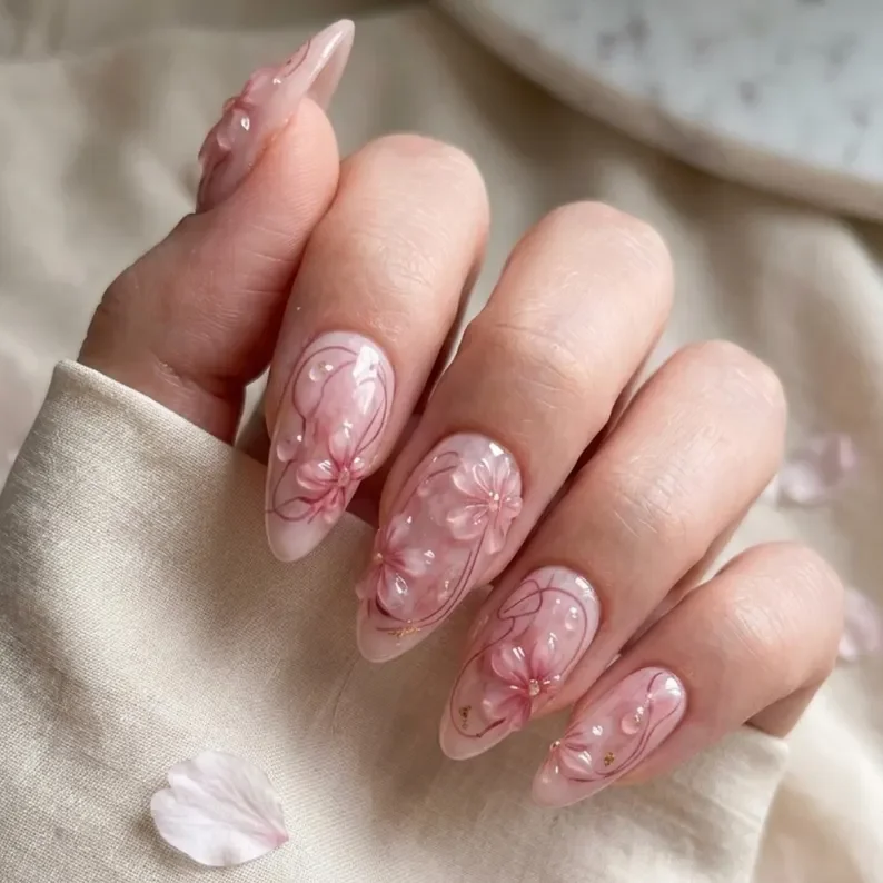 Pink Jelly Marble, Cherry Blossom Nail Art, press on nails, custom press on nails, fake nails, Nails Art, stained glass nails, gold press on nails, 3d press on nails, luxury press on nails, handmade press on nails