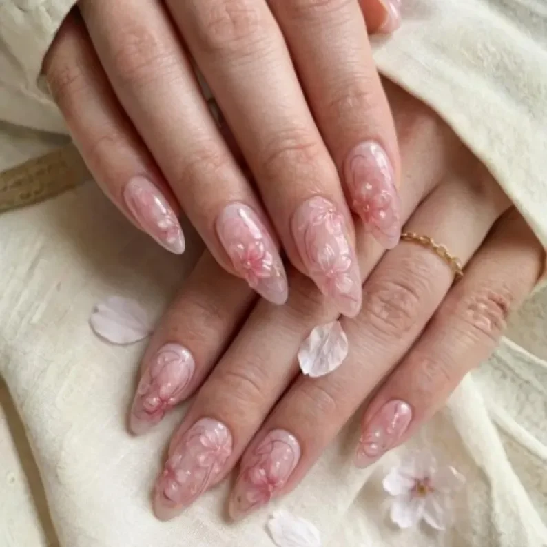 Sakura Nail Design, Jelly Marble Nails, press on nails, custom press on nails, fake nails, Nails Art, stained glass nails, gold press on nails, 3d press on nails, luxury press on nails, handmade press on nails