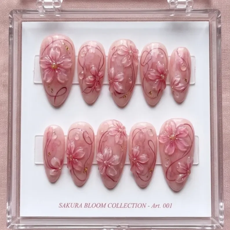 3D Sakura Glass, Press On Nails, press on nails, custom press on nails, fake nails, Nails Art, stained glass nails, gold press on nails, 3d press on nails, luxury press on nails, handmade press on nails