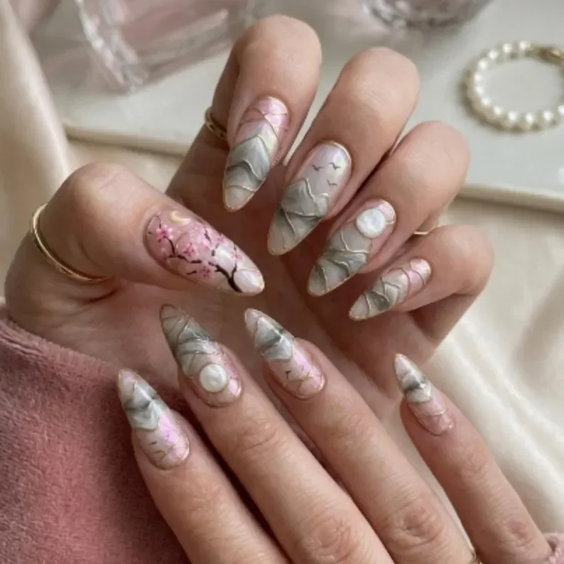 Japanese landscape, Sakura mountain, press on nails, custom press on nails, fake nails, Nails Art, stained glass nails, gold press on nails, 3d press on nails, luxury press on nails, handmade press on nails