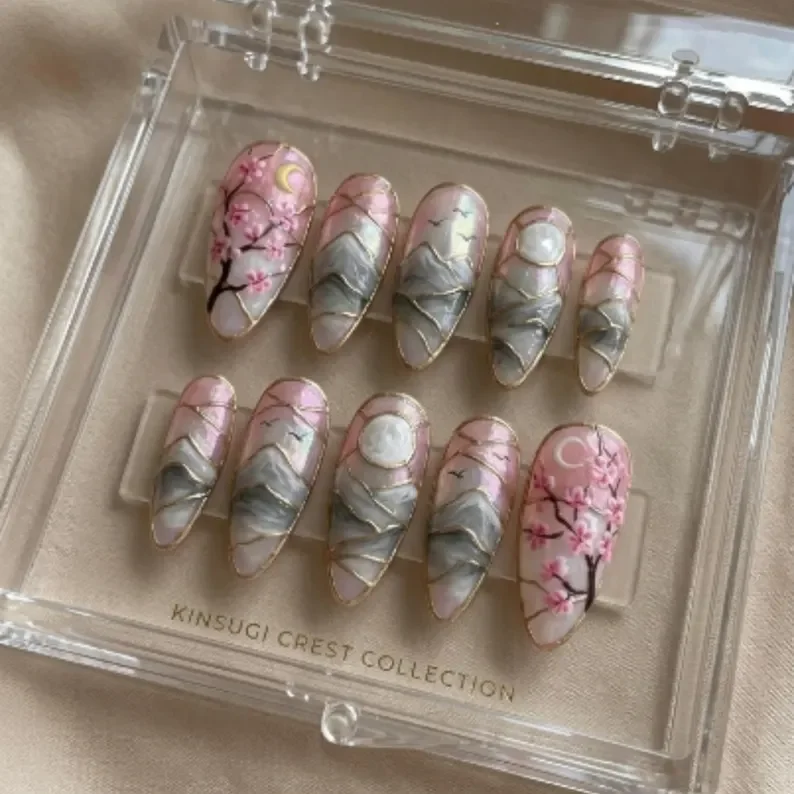 Japanese nail art, 3D Sakura nails, press on nails, custom press on nails, fake nails, Nails Art, stained glass nails, gold press on nails, 3d press on nails, luxury press on nails, handmade press on nails