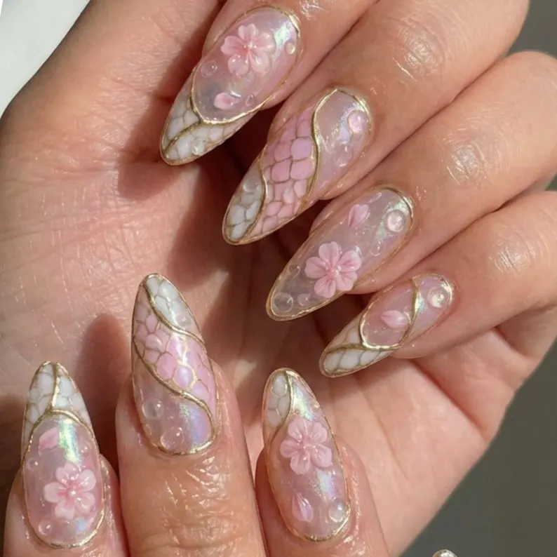 Cherry blossom nails, Iridescent scales, press on nails, custom press on nails, fake nails, Nails Art, stained glass nails, gold press on nails, 3d press on nails, luxury press on nails, handmade press on nails
