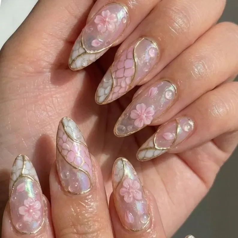 3D Sakura press on nails, Cherry blossom nails, press on nails, custom press on nails, fake nails, Nails Art, stained glass nails, gold press on nails, 3d press on nails, luxury press on nails, handmade press on nails