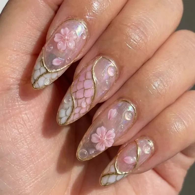 Iridescent scales, Gold trim nails, press on nails, custom press on nails, fake nails, Nails Art, stained glass nails, gold press on nails, 3d press on nails, luxury press on nails, handmade press on nails