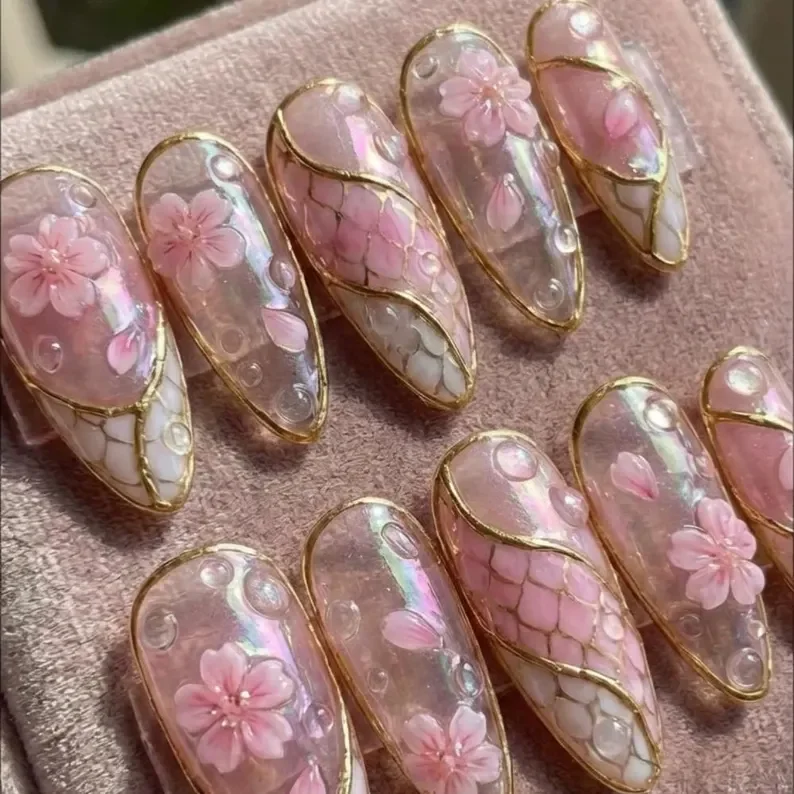 Spring floral art, Press on nail set, press on nails, custom press on nails, fake nails, Nails Art, stained glass nails, gold press on nails, 3d press on nails, luxury press on nails, handmade press on nails