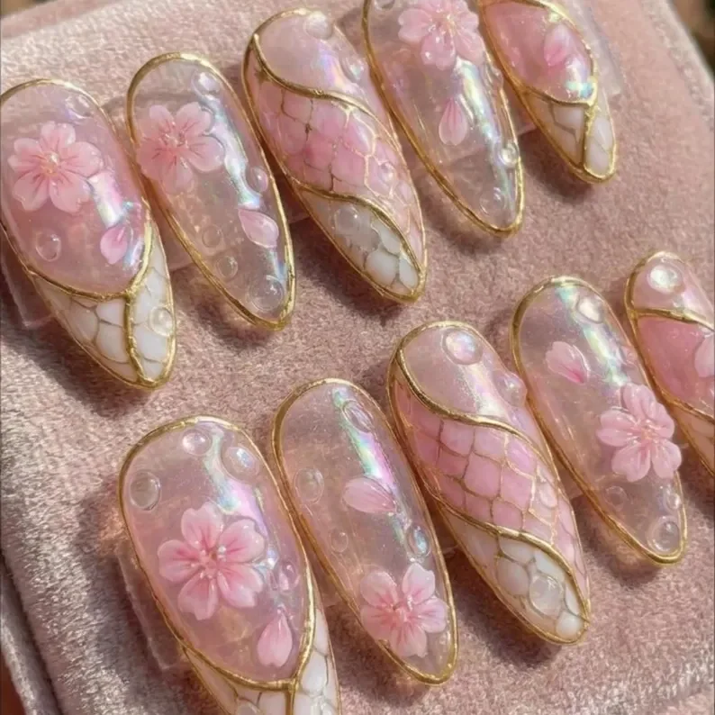 Sakura floral nails, Iridescent manicure, press on nails, custom press on nails, fake nails, Nails Art, stained glass nails, gold press on nails, 3d press on nails, luxury press on nails, handmade press on nails