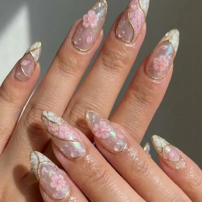 3D floral nails, 3D Sakura press on nails, press on nails, custom press on nails, fake nails, Nails Art, stained glass nails, gold press on nails, 3d press on nails, luxury press on nails, handmade press on nails