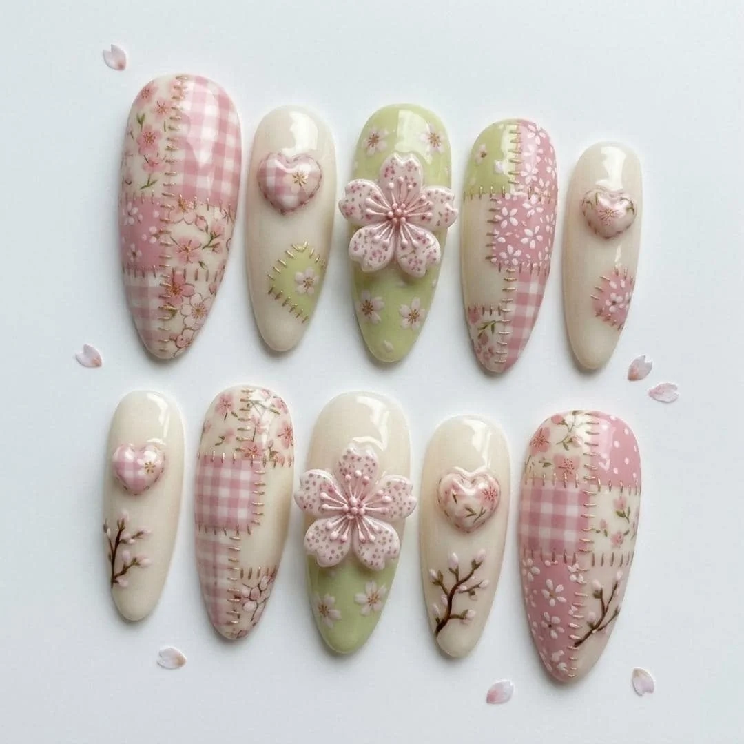 3D Sakura press, cherry blossom patchwork, press on nails, custom press on nails, fake nails, Nails Art, stained glass nails, gold press on nails, 3d press on nails, luxury press on nails, handmade press on nails