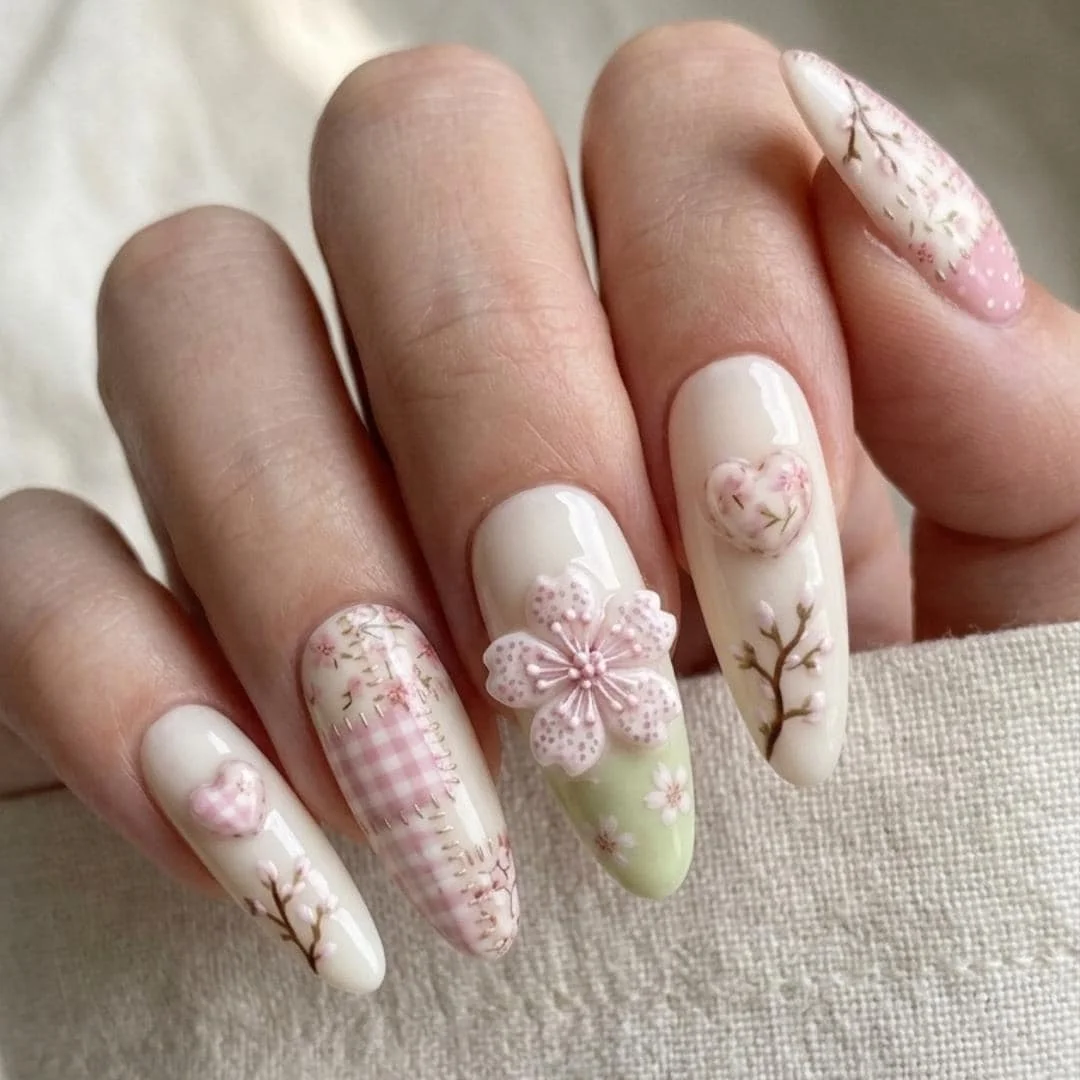 pink green gingham, hearts nail art, press on nails, custom press on nails, fake nails, Nails Art, stained glass nails, gold press on nails, 3d press on nails, luxury press on nails, handmade press on nails