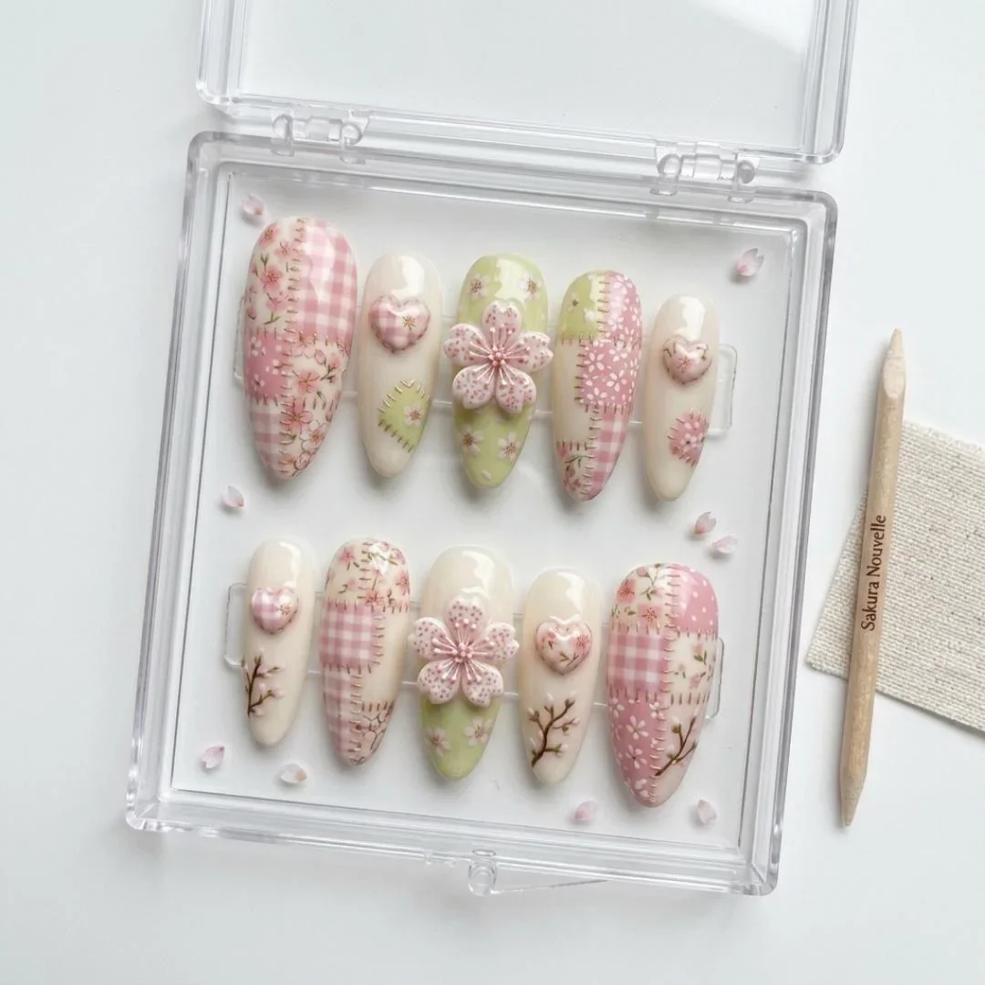 sakura nail design, gingham heart nails, press on nails, custom press on nails, fake nails, Nails Art, stained glass nails, gold press on nails, 3d press on nails, luxury press on nails, handmade press on nails