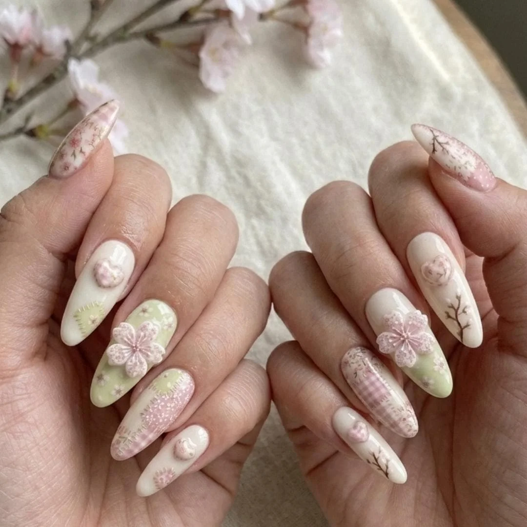 3D Sakura press, cherry blossom patchwork, press on nails, custom press on nails, fake nails, Nails Art, stained glass nails, gold press on nails, 3d press on nails, luxury press on nails, handmade press on nails