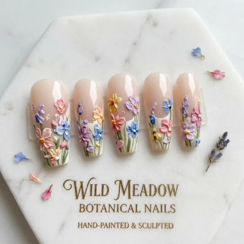 3D sculpted nails, wildflower press on, press on nails, custom press on nails, fake nails, Nails Art, stained glass nails, gold press on nails, 3d press on nails, luxury press on nails, handmade press on nails