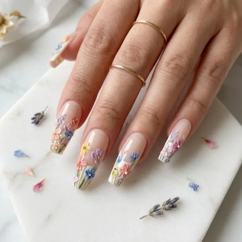 hand painted nails, botanical french tips, press on nails, custom press on nails, fake nails, Nails Art, stained glass nails, gold press on nails, 3d press on nails, luxury press on nails, handmade press on nails